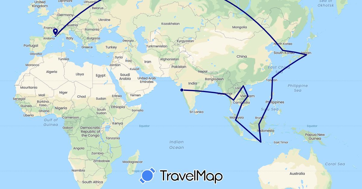 TravelMap itinerary: driving in France, Indonesia, India, Japan, Cambodia, South Korea, Myanmar (Burma), Malaysia, Philippines, Singapore, Thailand, Taiwan, Vietnam (Asia, Europe)