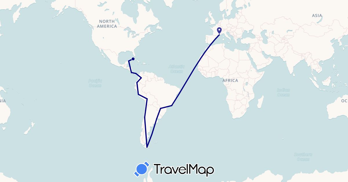 TravelMap itinerary: driving in Argentina, Bolivia, Brazil, Chile, Colombia, Costa Rica, Cuba, Ecuador, France, Mexico, Panama, Peru (Europe, North America, South America)