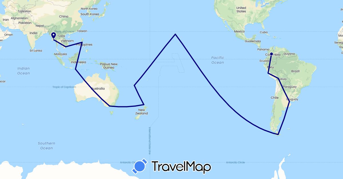 TravelMap itinerary: driving in Argentina, Australia, Bolivia, Colombia, Indonesia, Myanmar (Burma), New Caledonia, New Zealand, Peru, Philippines, United States, Vietnam (Asia, North America, Oceania, South America)